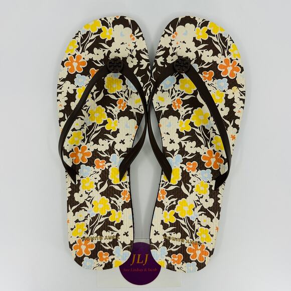 Tory Burch Women's Soho Reverie Walnut Brown Floral Flat Flip Flops 81071 Size 8 - Picture 12 of 14